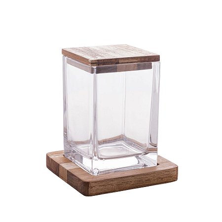 POTE MULTIUSO DE CRISTAL COM SUPORTE E TAMPA EM MADEIRA TECA 11,5CM X 14,5CM - WOLFF CRAFT