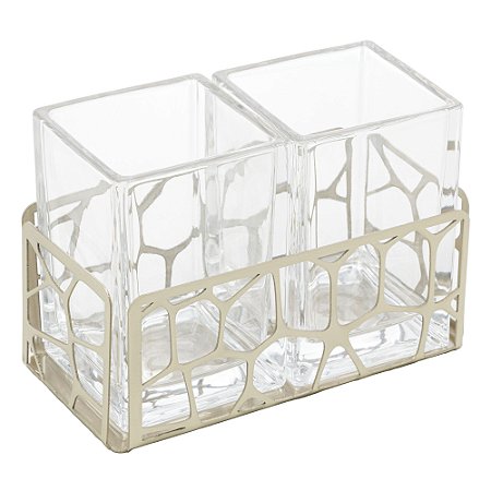 PORTA TALHERES DE AÇO INOX COM CRISTAL MAHAL CHAMPANHE 18CM X 10CM X 13CM - WOLFF