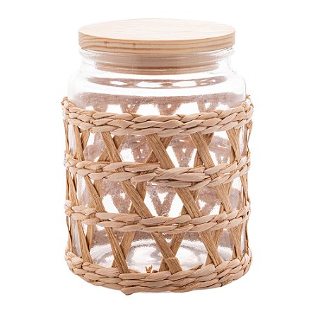 PORTA MANTIMENTOS DE VIDRO COM SISAL E TAMPA DE MADEIRA 750ML - WOLFF