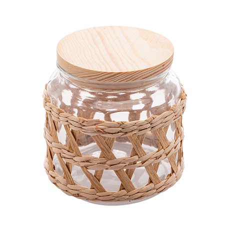 PORTA MANTIMENTOS DE VIDRO COM SISAL E TAMPA DE MADEIRA 520ML - WOLFF