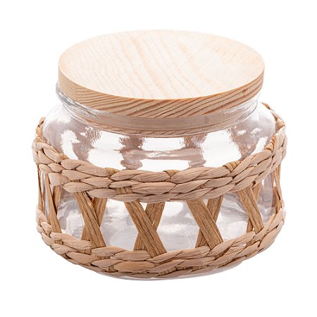 PORTA MANTIMENTOS DE VIDRO COM SISAL E TAMPA DE MADEIRA 350ML - WOLFF