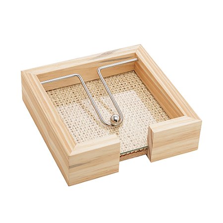 PORTA GUARDANAPOS DE MADEIRA COM FUNDO SISAL E ARAMADO COM CLIPE PINUS 16CM X 16CM X 4CM - WOODART