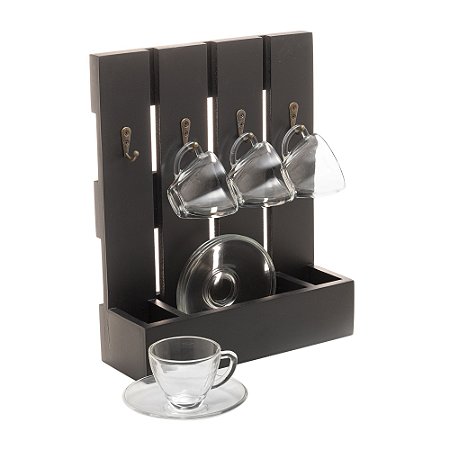 KIT PORTA XÍCARAS DE CAFÉ COM 4 XÍCARAS/PIRES TRANSPARENTE 80ML - WOODART