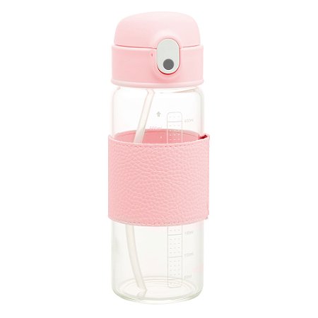 GARRAFA DE VIDRO BOROSSILICATO COM CINTA EM COURO E CANUDO PURE ROSA 500ML - WOLFF