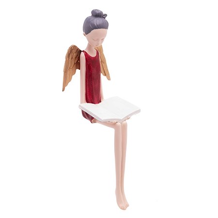 FIGURA DECORATIVA BONECA VERMELHA COM ASAS DOURADAS DE RESINA 8CM X 8CM X 23CM - WOLFF