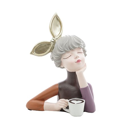 FIGURA DECORATIVA BONECA COM XÍCARA DE RESINA 21CM X 12CM X 29CM - WOLFF
