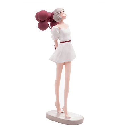 FIGURA DECORATIVA BONECA COM BALÕES DE RESINA VERMELHOS 8CM X 13CM X 28CM - WOLFF