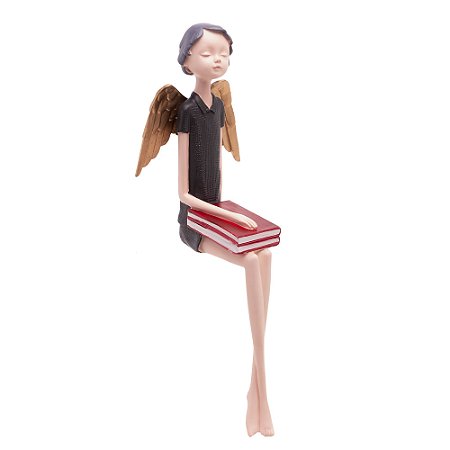 FIGURA DECORATIVA BONECA CINZA COM ASAS DOURADAS DE RESINA 8CM X 8CM X 23CM - WOLFF