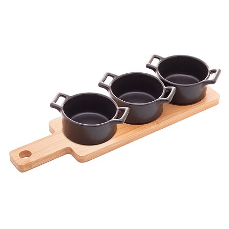 CONJUNTO BANDEJA DE BAMBU COM 3 PETISQUEIRAS REDONDAS DE PORCELANA PRETA 28,5CM X 10CM X 5CM - WOLFF