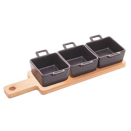 CONJUNTO BANDEJA DE BAMBU COM 3 PETISQUEIRAS QUADRADAS DE PORCELANA PRETA 28,5CM X 10CM X 5CM -WOLFF