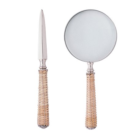 CONJUNTO ABRIDOR DE CARTA E LUPA DE AÇO INOX COM CABO DE RATTAN PRATA - WOLFF