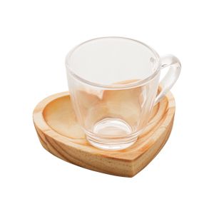 CONJUNTO 6 XÍCARAS DE CRISTAL COM PIRES EM MADEIRA PINUS CORAÇÃO 75ML - WOODART