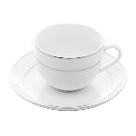CONJUNTO 6 XÍCARAS DE CHÁ DE PORCELANA COM PIRES E BORDA PRATEADA MÔNACO BRANCO 220ML - WOLFF