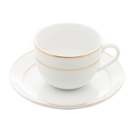 CONJUNTO 6 XÍCARAS DE CHÁ DE PORCELANA COM PIRES E BORDA DOURADA MÔNACO BRANCO 220ML - WOLFF
