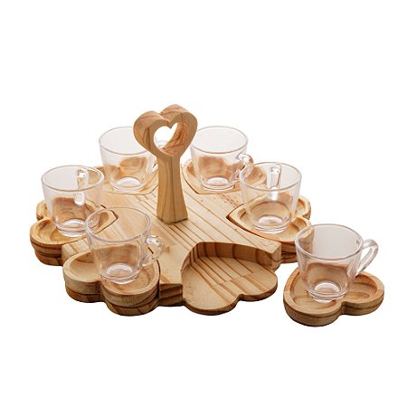 CONJUNTO 6 XÍCARAS DE CAFÉ DE CRISTAL COM PIRES E SUPORTE EM MADEIRA PINUS CORAÇÃO 75ML - WOODART