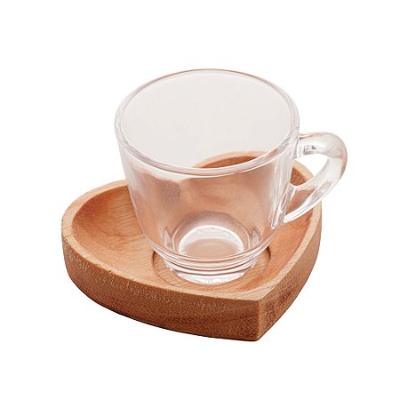 CONJUNTO 6 XÍCARAS DE CAFÉ COM PIRES EM MADEIRA LIPTUS CORAÇÃO 75ML - WOODART
