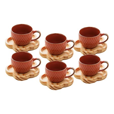 CONJUNTO 6 XICARAS DE CAFÉ COM PIRES DE MADEIRA PINUS 90ML - WOODART