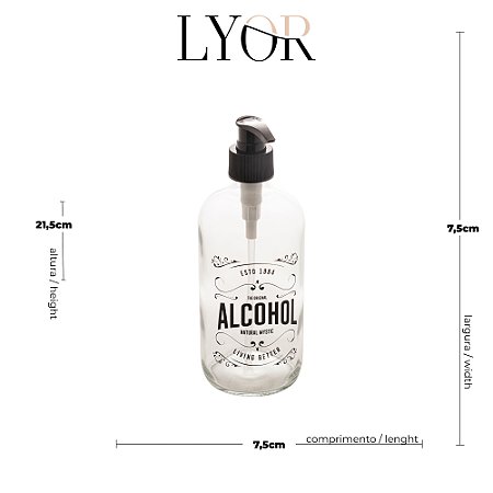 PORTA ÁLCOOL EM GEL DE VIDRO COM PUMP EM PLÁSTICO PRETO 490ML - LYOR