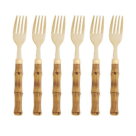 CONJUNTO 6 GARFOS DE SOBREMESA DE AÇO INOX COM CABO EM PLÁSTICO BAMBU DOURADO 19CM - LYOR