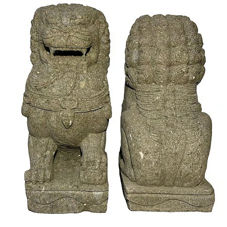 ESCULTURA CAES DE FO PEDRA VULCANICA CONJUNTO COM 2 IMPORTADO INDONESIA A80CM