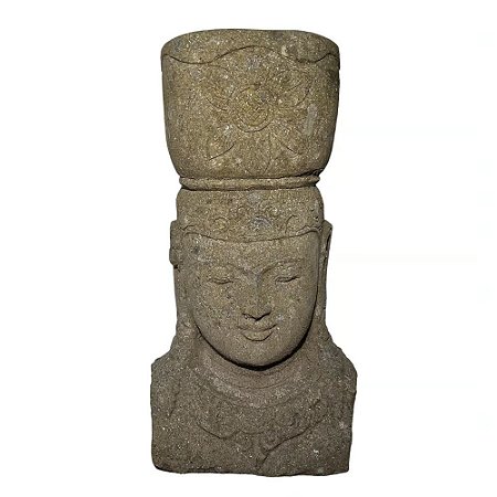 ESCULTURA BUSTO BUDA COM VASO PEDRA VULCANICA IMPORTADO INDONESIA A80CM