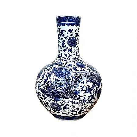 FLOREIRO EM PORCELANA AZUL E BRANCO BOCA RETA DRAGAO 57CM