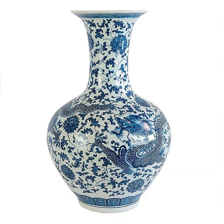FLOREIRO EM PORCELANA AZUL E BRANCO BOJUDO DRAGAO 57CM