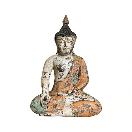 ESCULTURA IMPORTADA BUDA MADEIRA ANTIGA LARANJA L34XA50CM