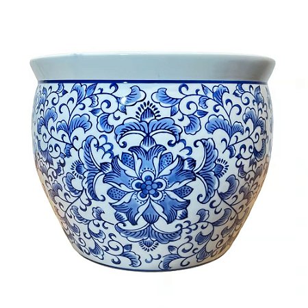 CACHEPOT EM PORCELANA AZUL E BRANCO D41XA33CM