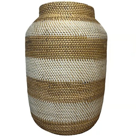 CESTO RATTAN BALI REDONDO MANGKUK BRANCO E NATURAL D40CM