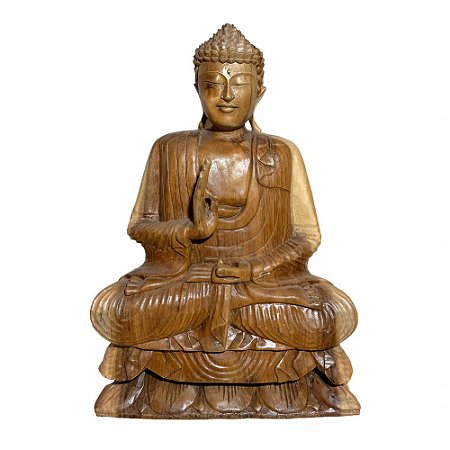 ESCULTURA BUDA MEDITACAO MADEIRA NATURAL ENTALHADA 50CM BALI