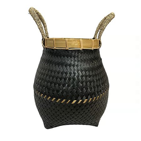 CESTO FIBRA SINTETICA BALI PRETO CORDA NATURAL D33XA45CM