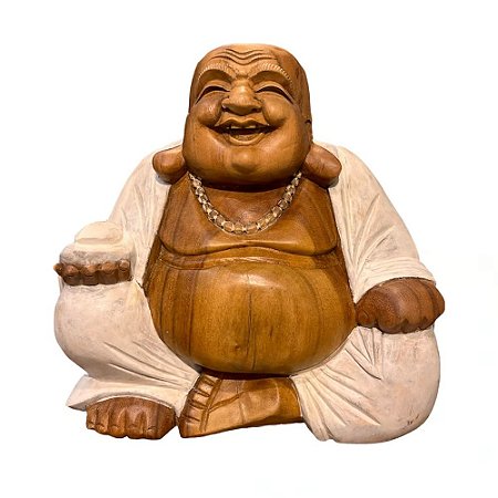 ESCULTURA HAPPY BUDDHA MADEIRA NATURAL E BRANCA 30CM