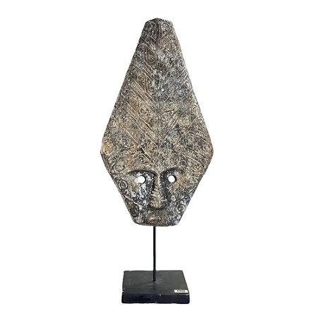 ESCULTURA MASCARA TRIBAL TORAJA EM MADEIRA WHITEWASH COM SUPORTE A55CM
