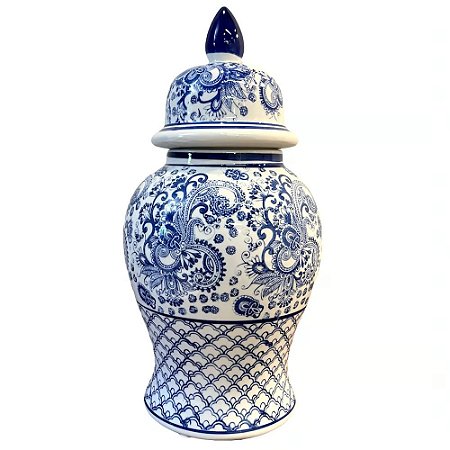 POTE EM PORCELANA AZUL E BRANCO FLORIDO COM TAMPA D25XA45CM