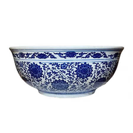 CENTRO DE MESA PORCELANA AZUL E BRANCA FLORES D42XA18CM