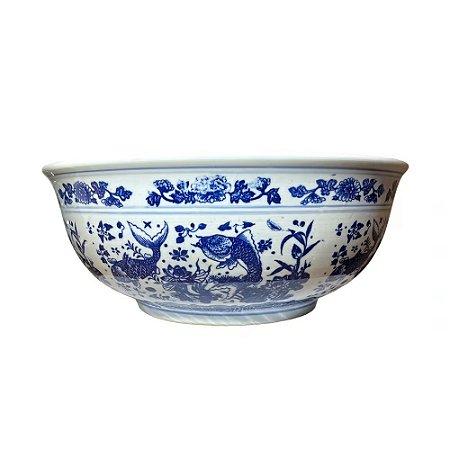 CENTRO DE MESA EM PORCELANA AZUL E BRANCO CARPAS IMPERIAIS D42XA18CM