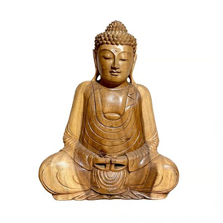 ESCULTURA BUDA MEDITACAO MADEIRA NATURAL ENTALHADA 40CM BALI