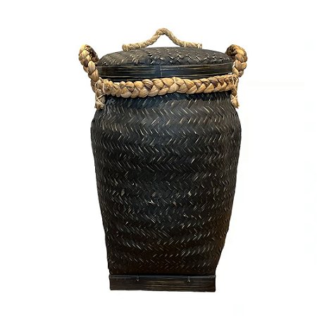 CESTA DECORATIVA BAMBU PRETO COM CORDA COM TAMPA