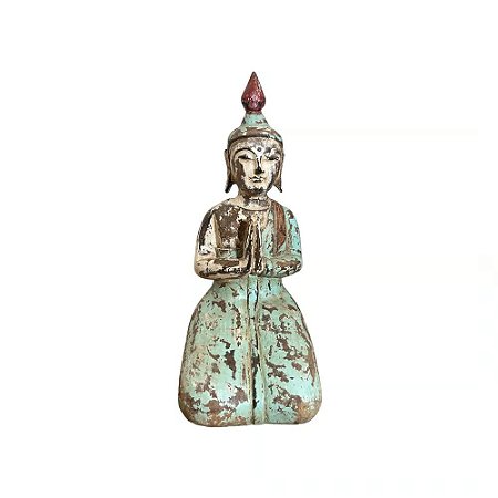 ESCULTURA IMPORTADA BUDA ORACAO EM MADEIRA NATURAL E VERDE A35CM