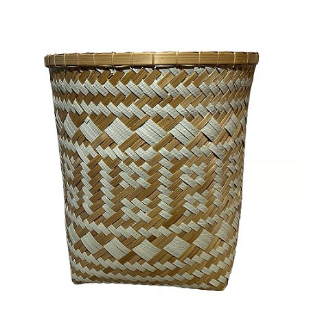 CESTO FIBRA SINTETICA BALI REDONDO BRANCO E NATURAL TRAMA D33XA35CM