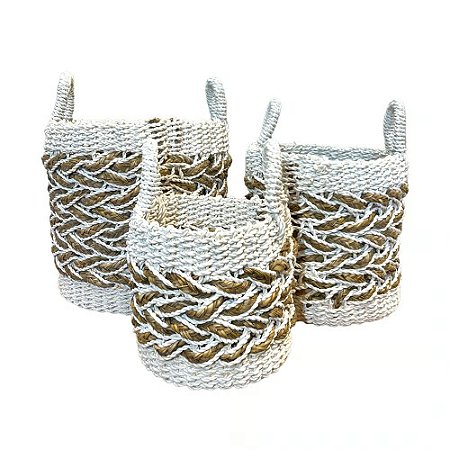 CESTA DECORATIVA RATTAN BALI REDONDO BRANCO E NATURAL