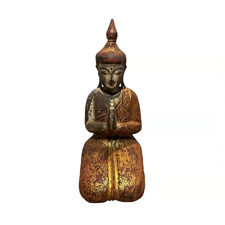 ESCULTURA IMPORTADA BUDA ORACAO EM MADEIRA NATURAL E VERMELHO L21XA36CM