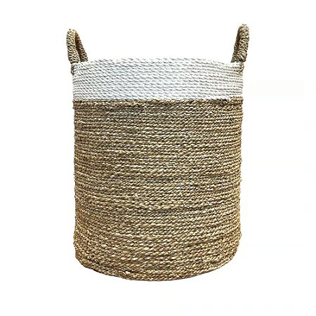 CESTA DECORATIVA RATTAN BALI REDONDO BRANCO E NATURAL 4