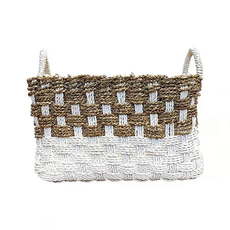 CESTA DECORATIVA RATTAN BALI RETANGULAR BRANCO E NATURAL