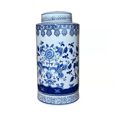POTICHE CILINDRICO PORCELANA AZUL E BRANCA JARDIM IMPERIAL D19XA40CM