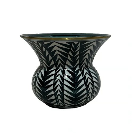 CACHEPOT PORCELANA AZUL PETROLEO E BRANCO GOLDEN LEAVES D18XA14CM