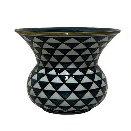 CACHEPOT PORCELANA AZUL PETROLEO E BRANCO GOLDEN TWIST D18XA14CM