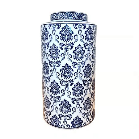 POTICHE EM PORCELANA AZUL E BRANCO RETO A36CM