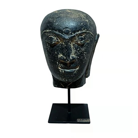 ESCULTURA IMPORTADA CABECA DE BUDA DECORATIVA EM PEDRA NATURAL NEGRA A20CM